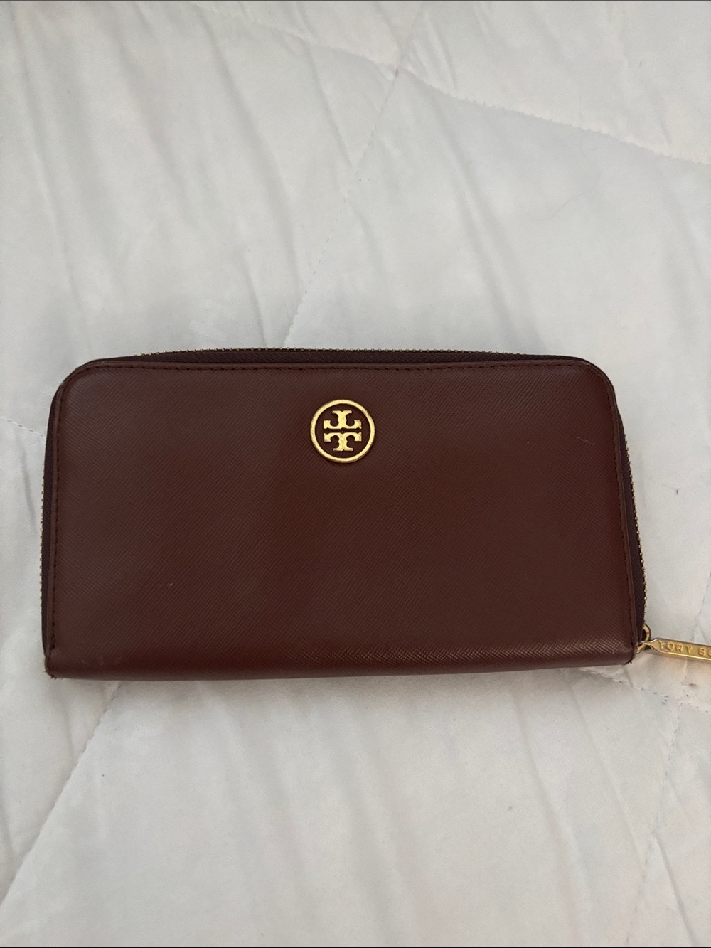 Tory Burch Saffiano Leather Zip Wallet in Deep Brown with Gold Logo